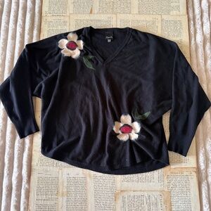 Aaeda brand V-neck black sweater with floral embroidery, Size XL